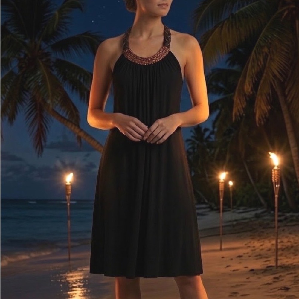 Vintage Havana Black Halter Mini Dress Braided Faux Leather Neck T-Back Small